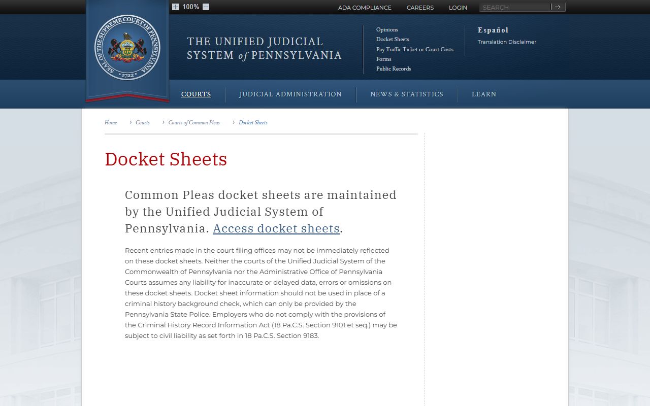 Luzerne County court dockets guidance on the Common Pleas docket sheets page