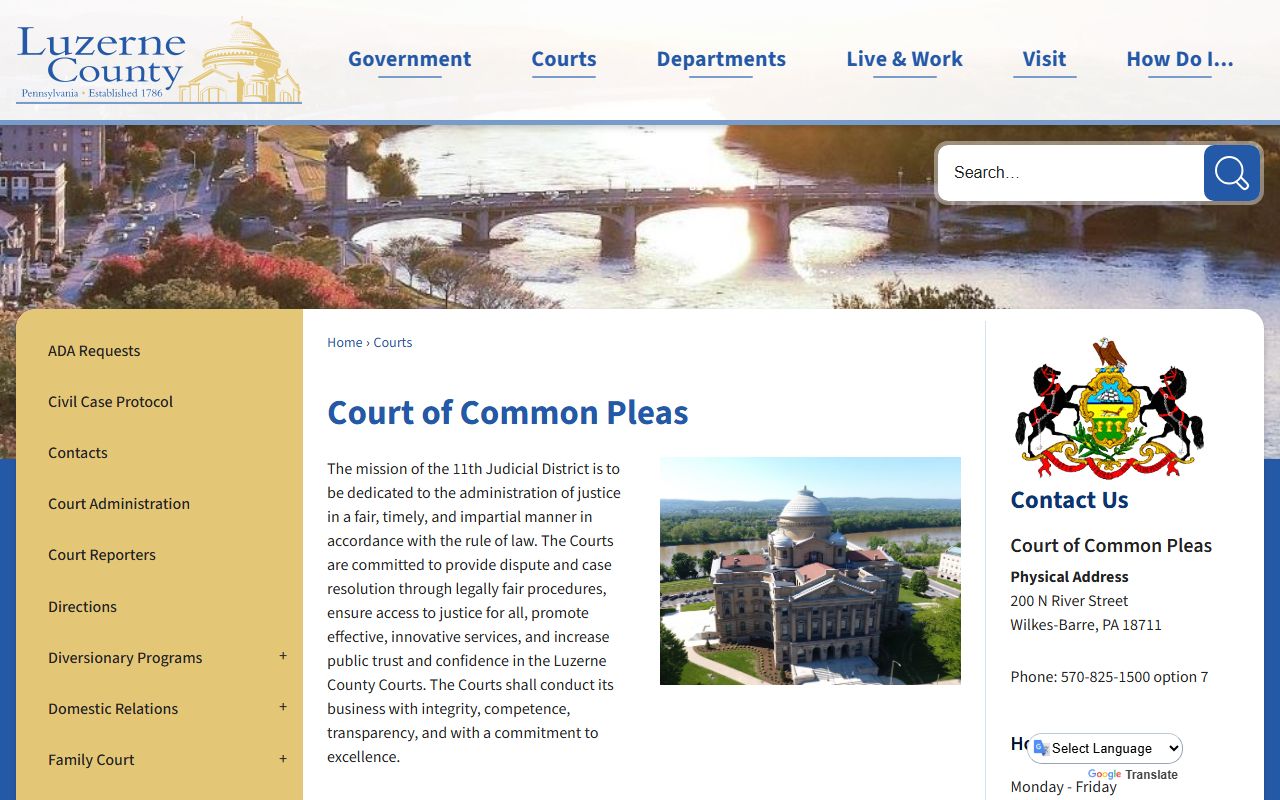 Luzerne County court dockets and calendar links on the county Courts page