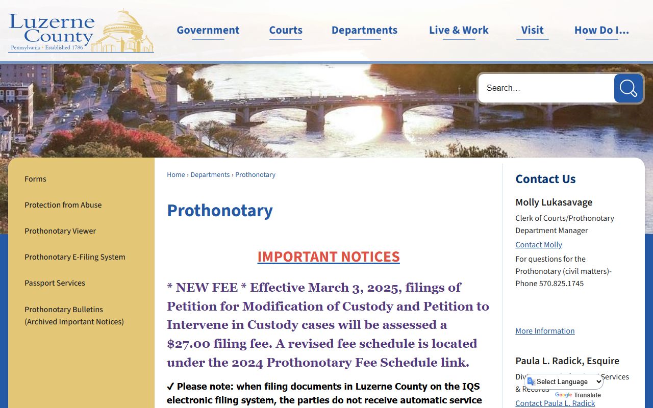 Luzerne County court records Prothonotary office page on the county website