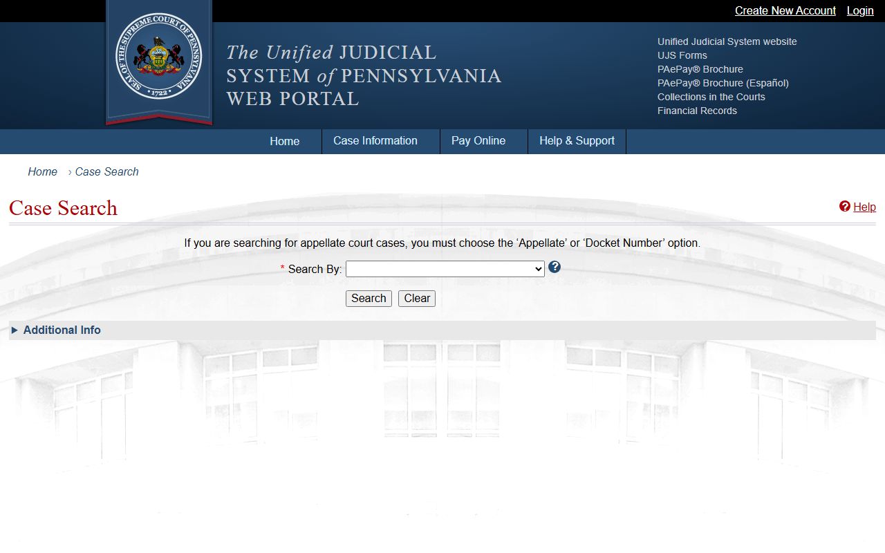 Luzerne County court records search on the UJS Web Portal case search page