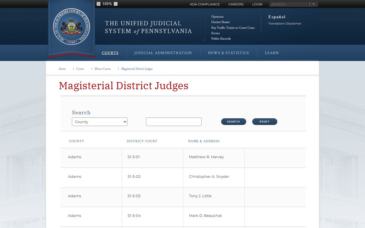 Luzerne County Magisterial District Court records overview page