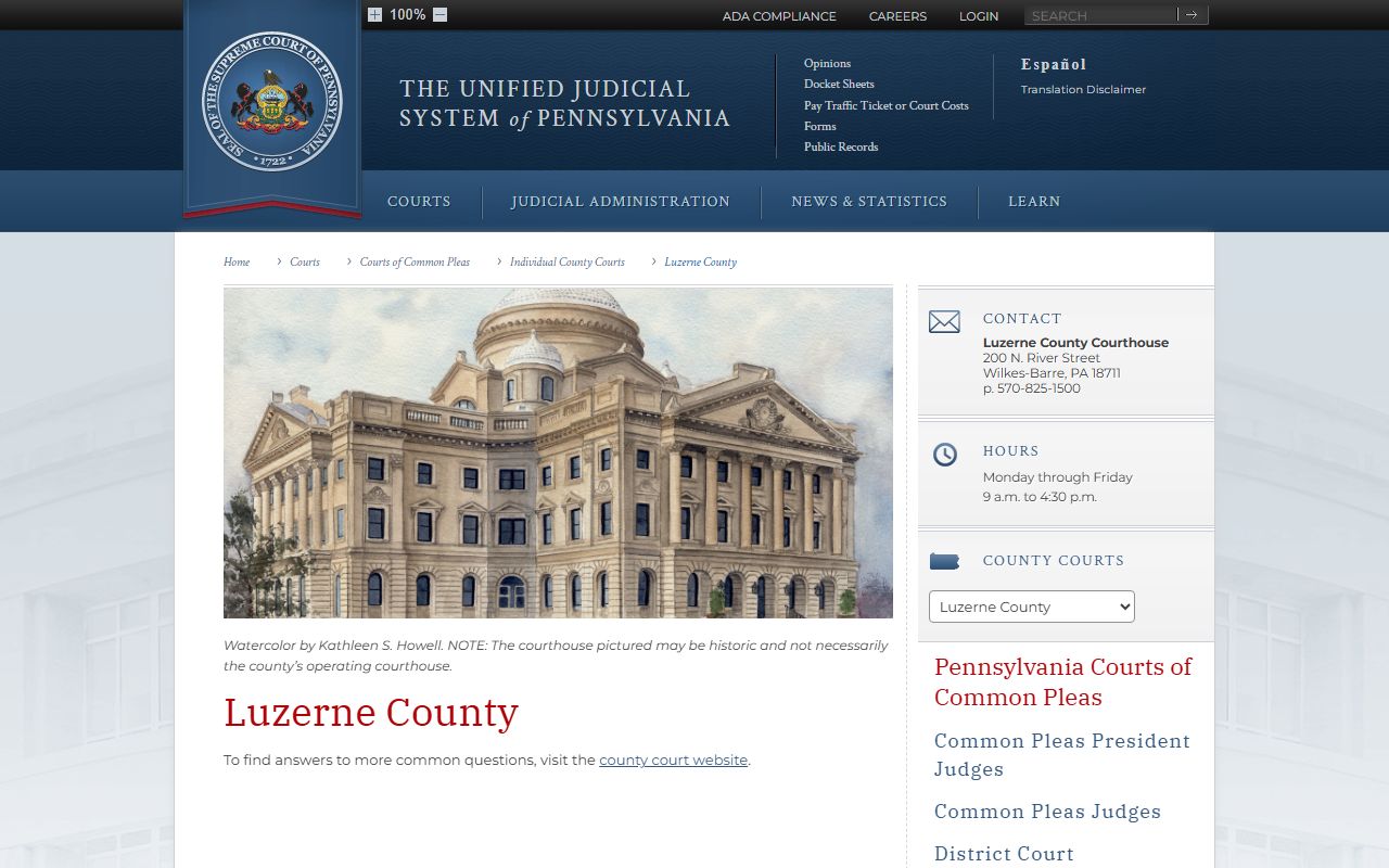 Luzerne County Court of Common Pleas record page on Pennsylvania Courts site