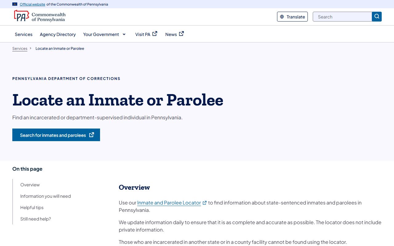 Luzerne County inmate records search on the Pennsylvania DOC inmate locator