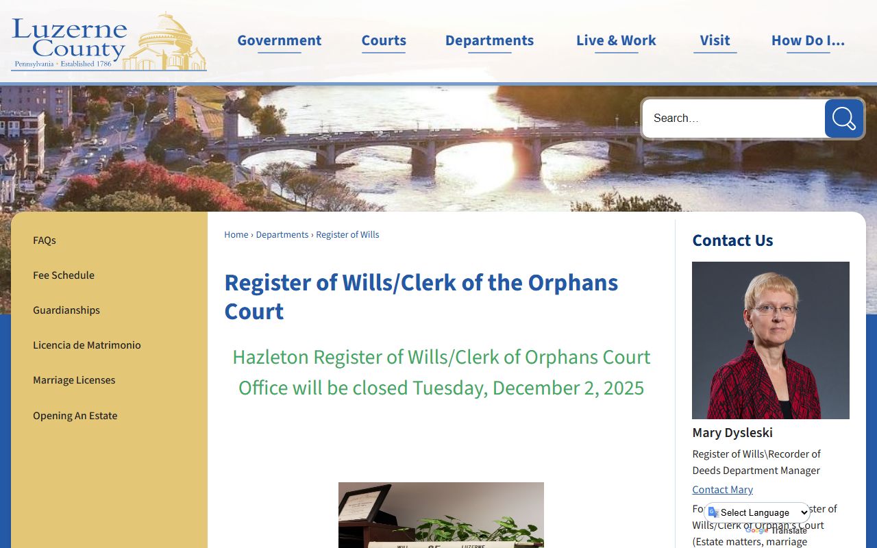 Luzerne County probate records on the Clerk of the Orphans' Court page