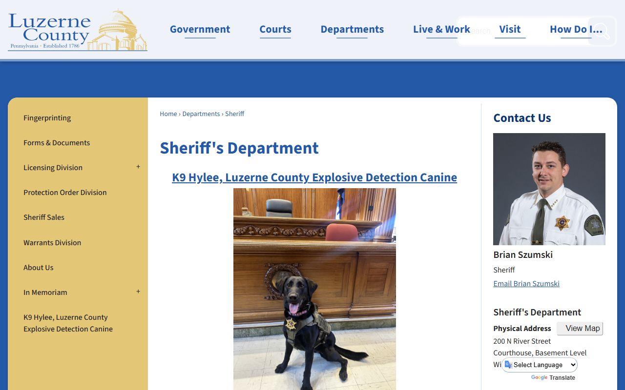 Luzerne County warrant records Sheriff's Department page