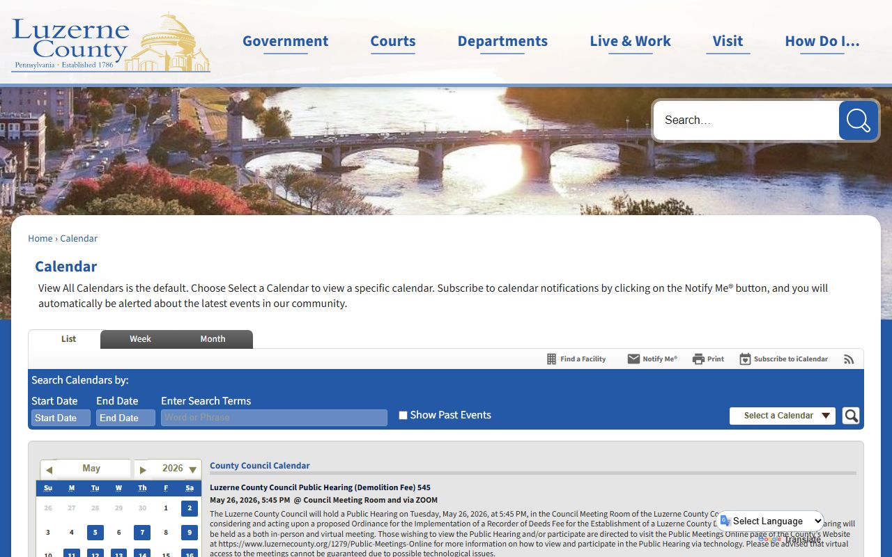Luzerne County court records calendar of public events